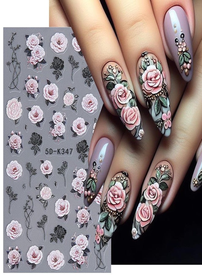 BSBTBZ Rose Nail Stickers - Embossed Flower Nail Art for Valentine's Day - Retro Design 5D Adhesive Stickers - Floral for Women's Manicure Decoration - 2Pcs - Image 3